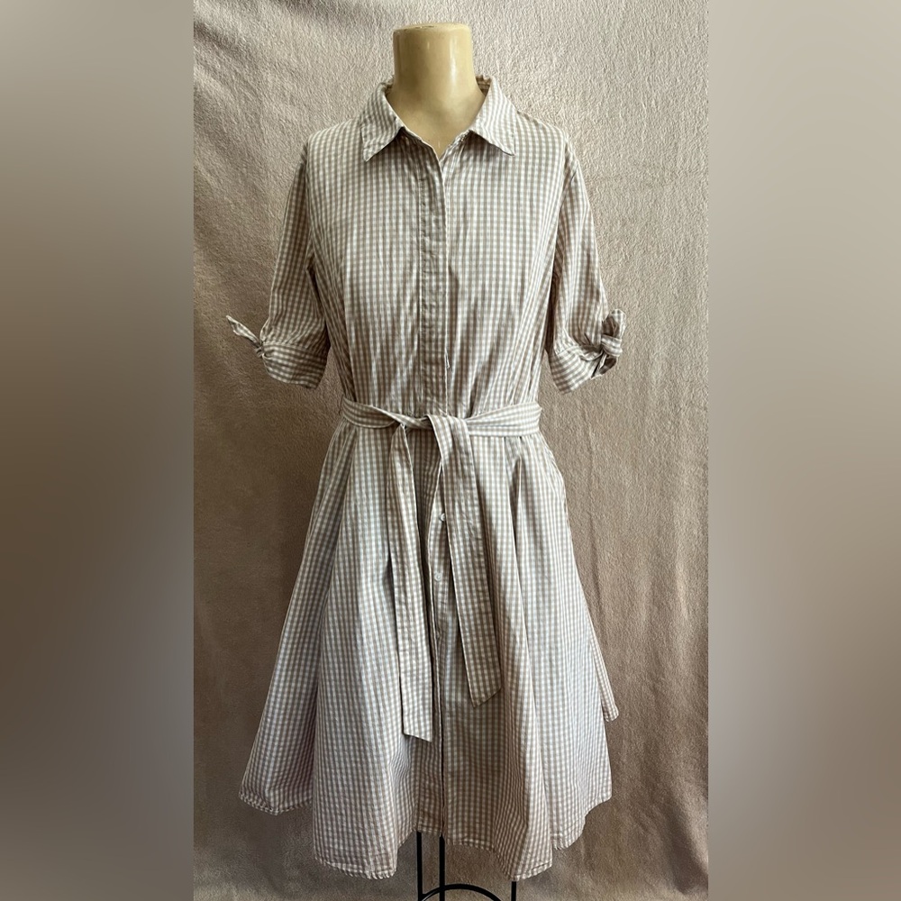 Calvin Klein White and Tan Buttoned Tie Front Dress